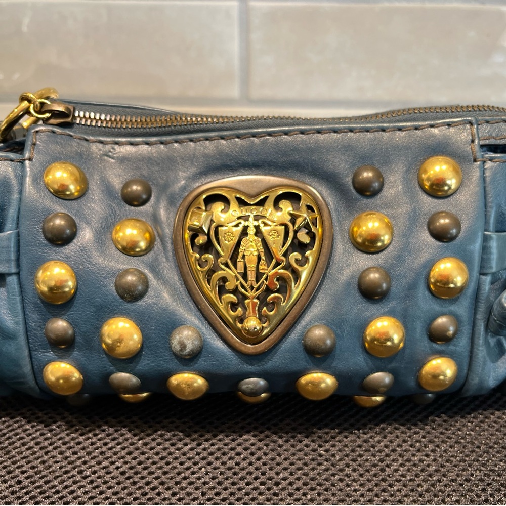 Gucci Blue and Gold Studded Clutch with Heart Emblem